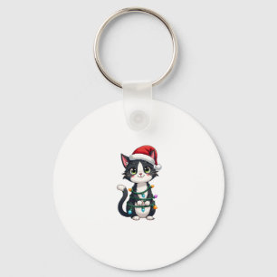 Kerst Kat Tuxedo zwarte kat xmas lichten kat c Sleutelhanger