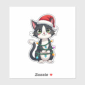 Kerst Kat Tuxedo zwarte kat xmas lichten kat c Sticker (Vel)