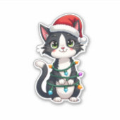 Kerst Kat Tuxedo zwarte kat xmas lichten kat c Sticker (Voorkant)