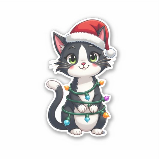 Kerst Kat Tuxedo zwarte kat xmas lichten kat c Sticker (Voorkant)