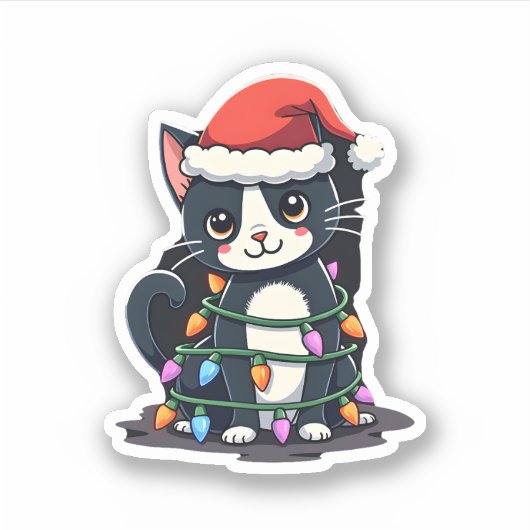 Kerst Kat Tuxedo zwarte kat xmas lichten kat c Sticker (Voorkant)