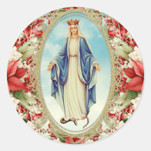 Kerst Katholieke Maagd Maria Poinsettias Ronde Sticker