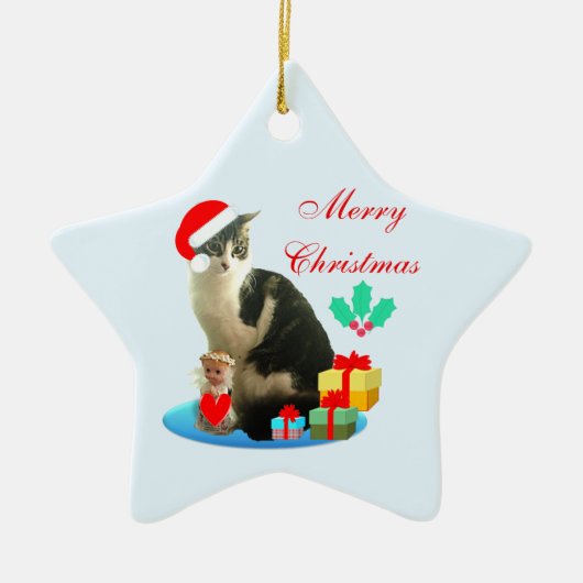 Kerst katje, engeltje & cadeaus keramisch ornament (Voorkant)