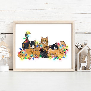 Kerst Katten en Kippen Illustratie Poster