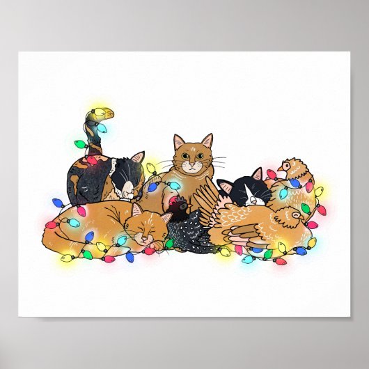 Kerst Katten en Kippen Illustratie Poster (Voorkant)