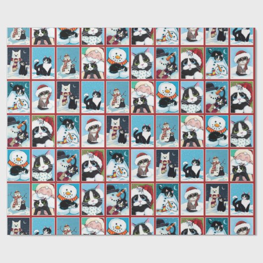 Kerst Katten en Sneeuwmannen Cadeaupapier (Vlak)