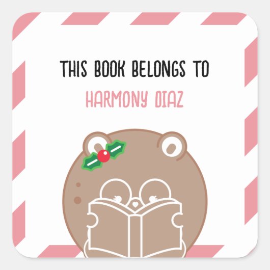 Kerst Kawaii Schattigee Hamster Booklover Bookplat Vierkante Sticker (Voorkant)