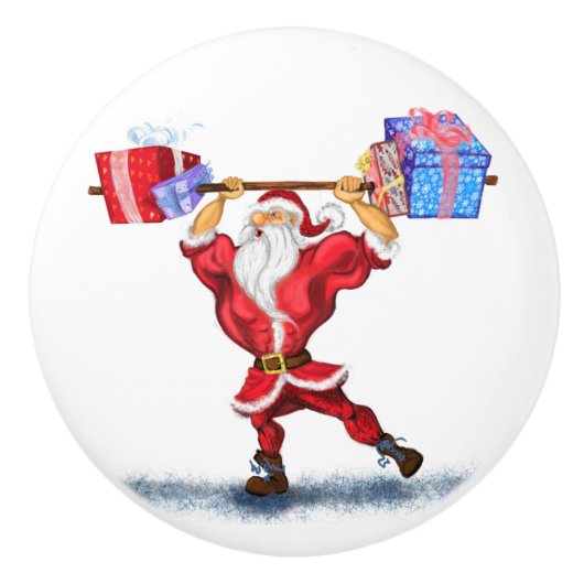 Kerst Keramische Knob Bodybuilder Santa met Gift Knop (Voorkant)