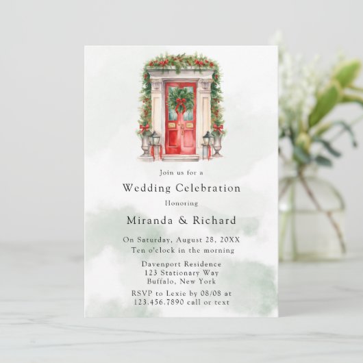 Kerst Kerk Deur Winter Bruiloft Kaart (Staand voorkant)