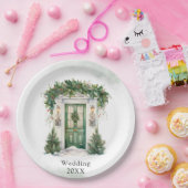 Kerst Kerk Deur Winter Scène Bruiloft Papieren Bordje (Feest)