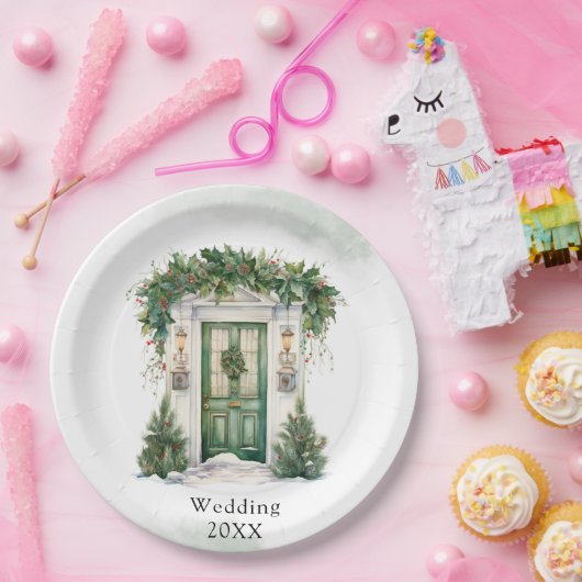 Kerst Kerk Deur Winter Scène Bruiloft Papieren Bordje (Feest)