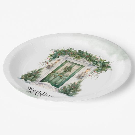 Kerst Kerk Deur Winter Scène Bruiloft Papieren Bordje (Gekanteld)