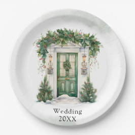 Kerst Kerk Deur Winter Scène Bruiloft Papieren Bordje
