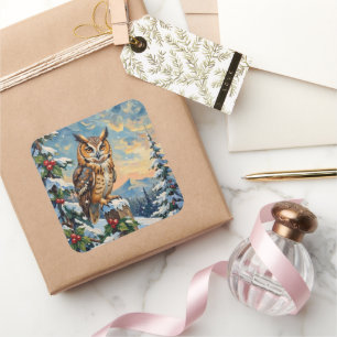 Kerst Kerkuil op Bevroren Afsluiting Vintage Vierkante Sticker