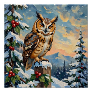 Kerst Kerkuil op Bevroren Schutting Vintage Perfect Poster