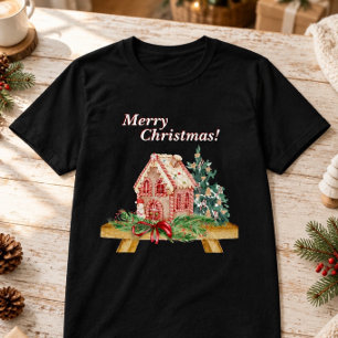 Kerst Kersthuis Aquarel Levendige Print T-shirt