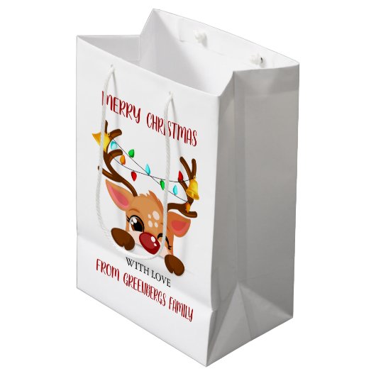 Kerst Kerstmis Schattig Knipogend Rendier dat naar Medium Cadeauzakje (Voorkant Gekanteld)