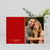 Kerst Kerstmoderne Foto Rode Echte Goud Folie Feestdagenkaart (Staand Voorkant)