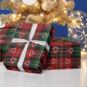 Kerst Kerststok Harten Op Schotse Plaid Cadeaupapier