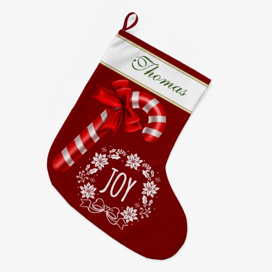 Kerst Kerststok Rode Lint Joy Script Monogram Grote Kerstsok (Voorkant (Hangend))