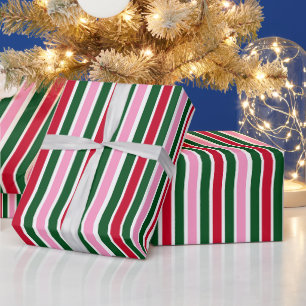 Kerst Kerststok Strepen in Roze Groen en Rood Cadeaupapier