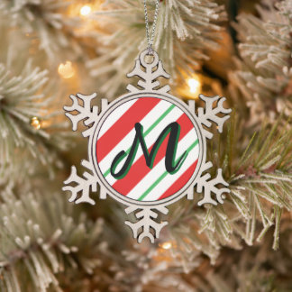 Kerst Kerststok Strepen Monogram Initiaal Tin Sneeuwvlok Ornament