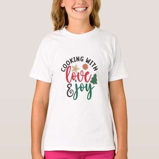 Kerst Keuken Citaten Koken met Liefde & Vreugde T-shirt (Voorkant)