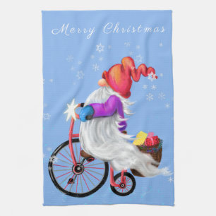 Kerst Keuken Handdoek Gnome met fiets en geschenke
