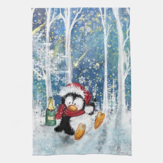 Kerst Keuken Handdoek met Happy Penguin (Verticaal)