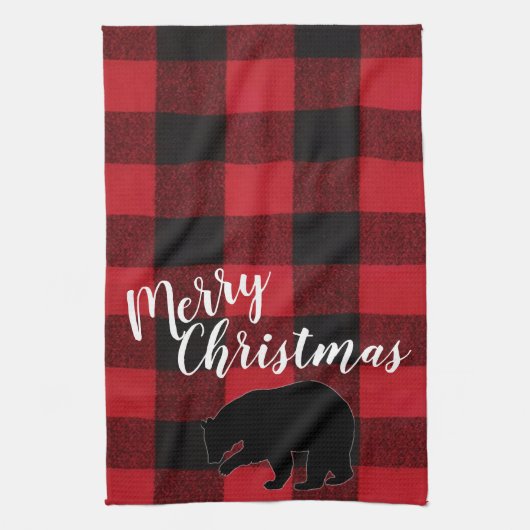 Kerst Keuken Handdoek Rood Plaid Zwart Beer (Verticaal)