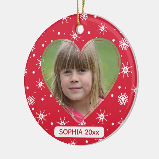 Kerst Kind Foto Schattige Rode Sneeuwvlok Keramisch Ornament (Links)