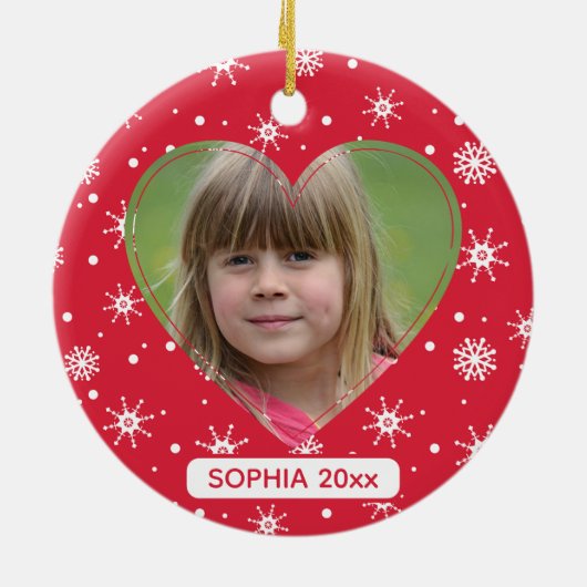 Kerst Kind Foto Schattige Rode Sneeuwvlok Keramisch Ornament (Achterkant)