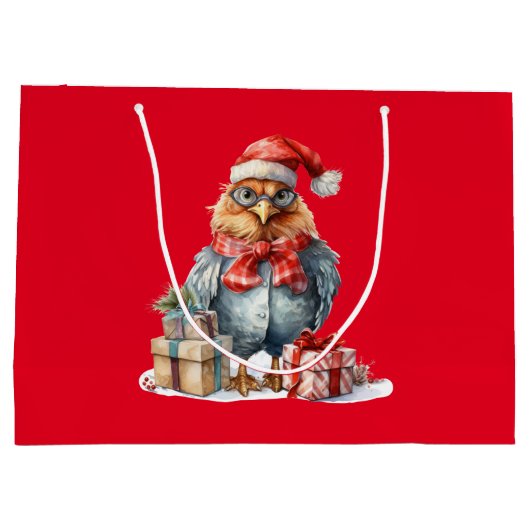 Kerst Kip in Glazen & Cadeaus Rood Groot Cadeauzakje (Achterkant)