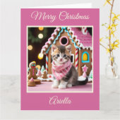 Kerst Kitten en Gingerbread House Kaart (Gele Bloem)