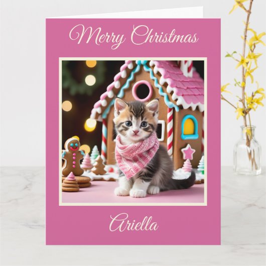 Kerst Kitten en Gingerbread House Kaart (Gele Bloem)