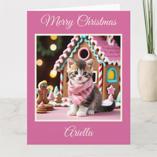 Kerst Kitten en Gingerbread House Kaart (Voorkant)