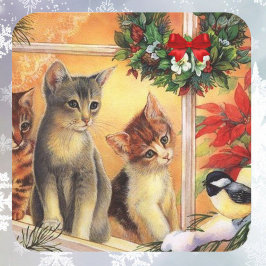 Kerst Kittens Vogels Kijken Mooie Kaart Vierkante Sticker