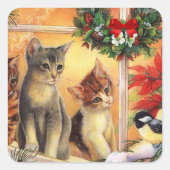 Kerst Kittens Vogels Kijken Mooie Kaart Vierkante Sticker (Voorkant)