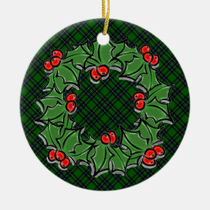 Kerst klassiek groen geruite rode holly bladeren keramisch ornament