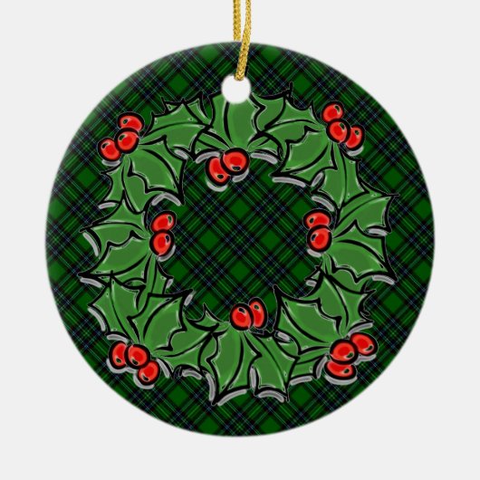 Kerst klassiek groen geruite rode holly bladeren keramisch ornament (Voorkant)