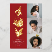 Kerst Klassieke Rode Blad Vette JOY Collage Foto Folie Feestdagenkaart (Voorkant)