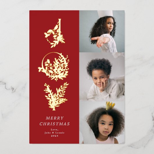 Kerst Klassieke Rode Blad Vette JOY Collage Foto Folie Feestdagenkaart (Voorkant)