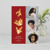 Kerst Klassieke Rode Blad Vette JOY Collage Foto Folie Feestdagenkaart (Staand Voorkant)