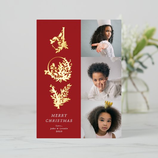 Kerst Klassieke Rode Blad Vette JOY Collage Foto Folie Feestdagenkaart (Staand Voorkant)
