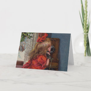 Kerst Klein Meisje Telefoon Antiek Feestdagen Kaart