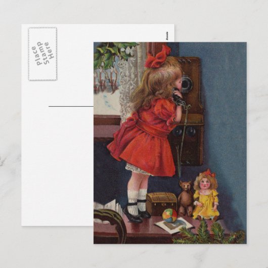 Kerst Klein Meisje Telefoon Antiek Feestdagenkaart (Voorkant / Achterkant)