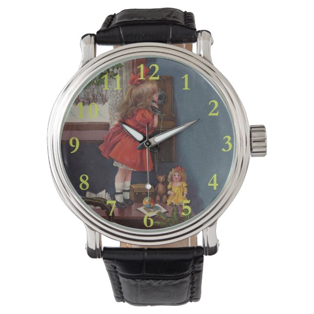 Kerst Klein Meisje Telefoon Antiek Horloge (Voorkant)