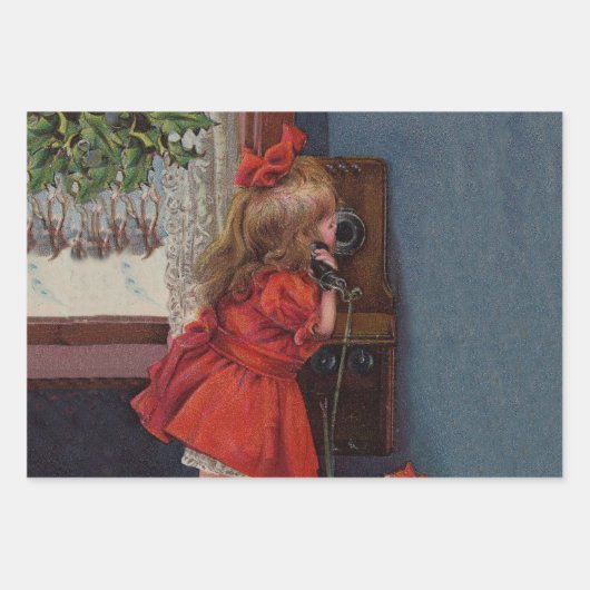 Kerst Klein Meisje Telefoon Antiek Inpakpapier Vel (Voorkant)
