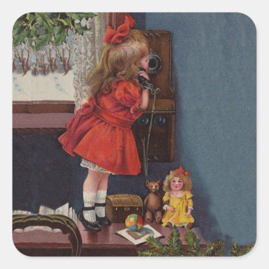Kerst Klein Meisje Telefoon Antiek Vierkante Sticker (Voorkant)