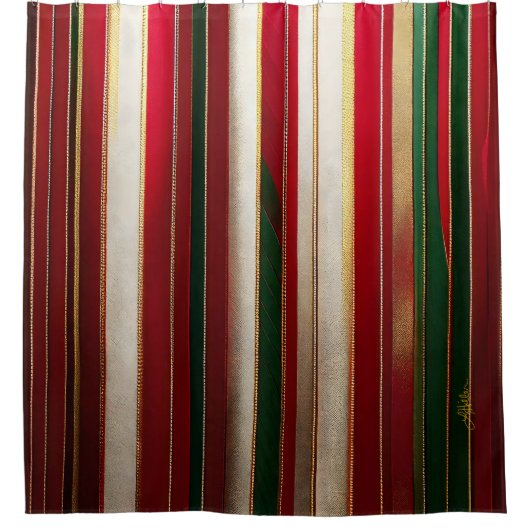 Kerst Kleur Strepen Rood Groen Wit Goud Douchegordijn (Voorkant)